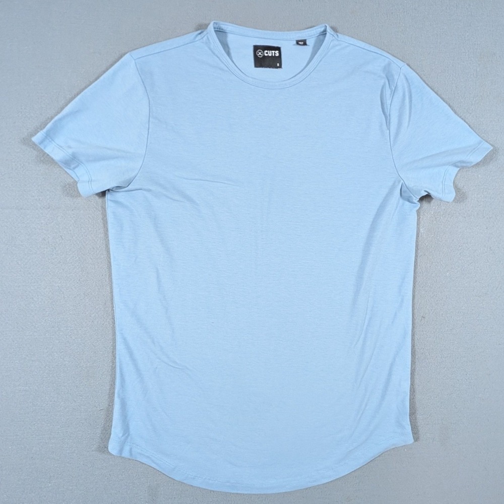 Cuts Curved Hem T Shirt Mens Small Light Blue‎ Short Sleeve Crew Neck